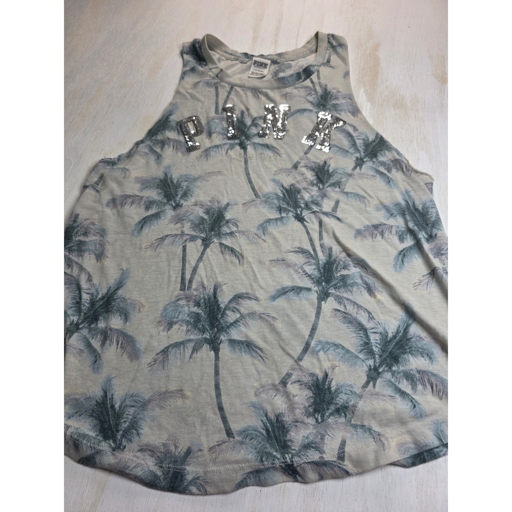 Victoria's Secret PINK Palm Tree Sequin Muscle Tank Top Grey Large Y2K Boho